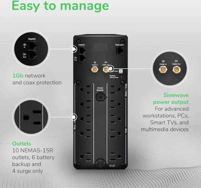 Alt view image 7 of 7 - APC UPS 1500VA Sine Wave UPS Battery Backup, BR1500MS2 Backup Battery Power Supply, AVR, 10 Outlets, (2) USB Charger Ports
