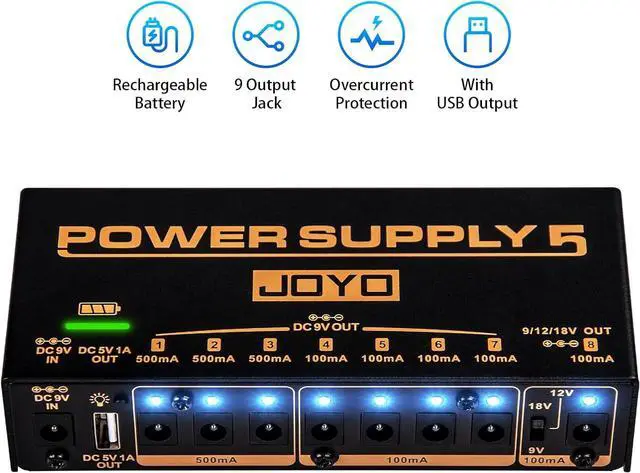 Alt view image 2 of 7 - Built-in 4400mAh Rechargeable Battery Guitar Effect Pedal Power Supply 8 Outputs 9V 12V 18V (100mA, 500mA) Jacks & 5V/1A USB Port (JP-05)