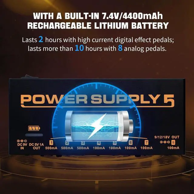 Alt view image 3 of 7 - Built-in 4400mAh Rechargeable Battery Guitar Effect Pedal Power Supply 8 Outputs 9V 12V 18V (100mA, 500mA) Jacks & 5V/1A USB Port (JP-05)