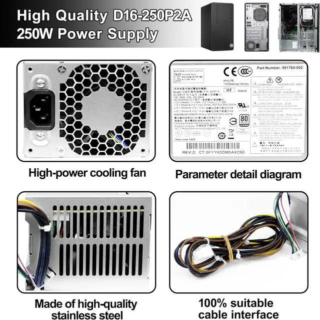 Alt view image 5 of 6 - LXun Upgrad D16-250P1A L08417-002 250W Power Supply Compatible with HP ProDesk 280 282 600 800 G3 480 400 G4 PCH022 L08417-004 901760-002 901761-001 901760-001 PA-2251-5 D16-250P2A Power Supply