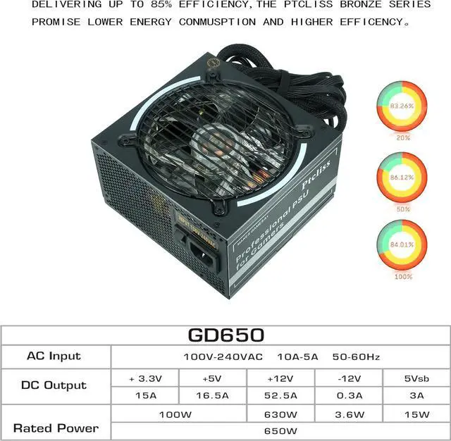 Alt view image 2 of 7 - 650W GD650S ATX Gaming PC Power Supply 80+ Bronze PSU Non-Modular Power Supply Flat Black Cables RGB LED Fan