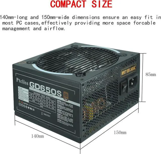 Alt view image 4 of 7 - 650W GD650S ATX Gaming PC Power Supply 80+ Bronze PSU Non-Modular Power Supply Flat Black Cables RGB LED Fan