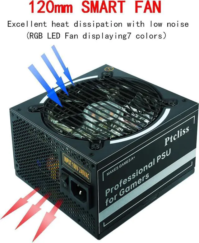 Alt view image 3 of 7 - 650W GD650S ATX Gaming PC Power Supply 80+ Bronze PSU Non-Modular Power Supply Flat Black Cables RGB LED Fan