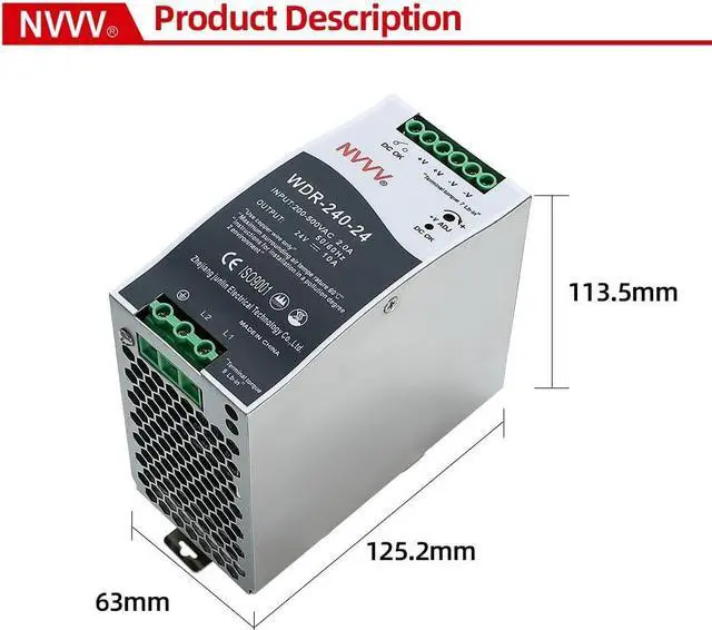 Alt view image 2 of 6 - WDR-240-24 24V, Input:180~550VAC,Output:24VDC 10A, 240W Industrial DIN Rail Power Supply AC to DC Converter