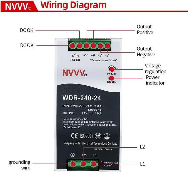 Alt view image 3 of 6 - WDR-240-24 24V, Input:180~550VAC,Output:24VDC 10A, 240W Industrial DIN Rail Power Supply AC to DC Converter