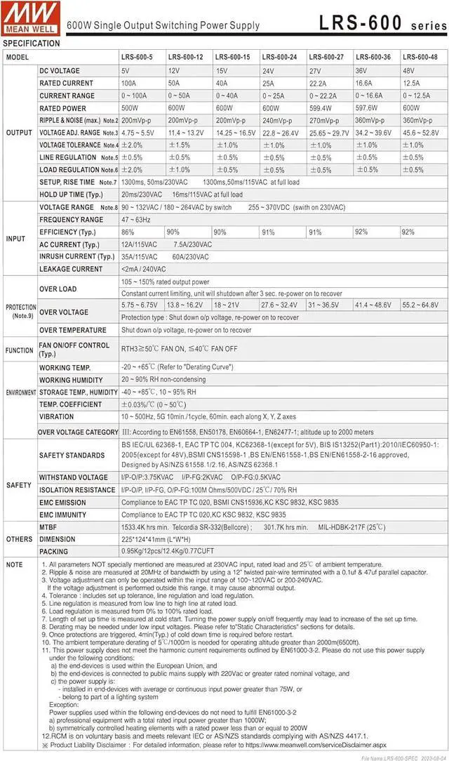 Alt view image 4 of 6 - MEAN MELL Mean Well LRS-600-24 600W Single Output Switching Power Supply LRS-600 24V/25A