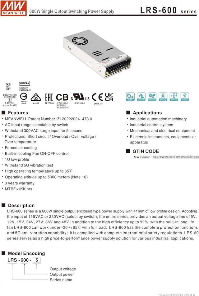 Alt view image 3 of 6 - MEAN MELL Mean Well LRS-600-24 600W Single Output Switching Power Supply LRS-600 24V/25A