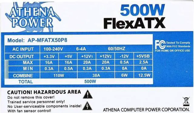 Alt view image 4 of 5 - Athena Computer Power AP-MFATX50P8 500W Flex ATX Power Supply
