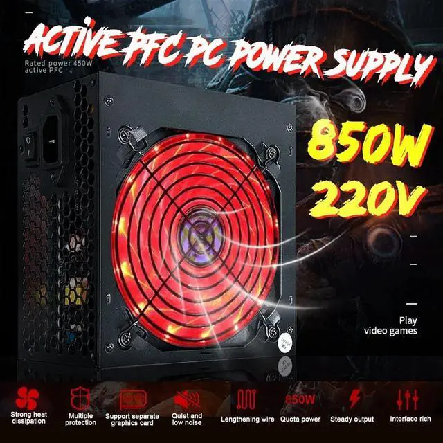 Alt view image 7 of 7 - 850W PC Power Supply 12CM Silent Fan ATX Computer 220V SATA 8Pin+2x6Pin Black