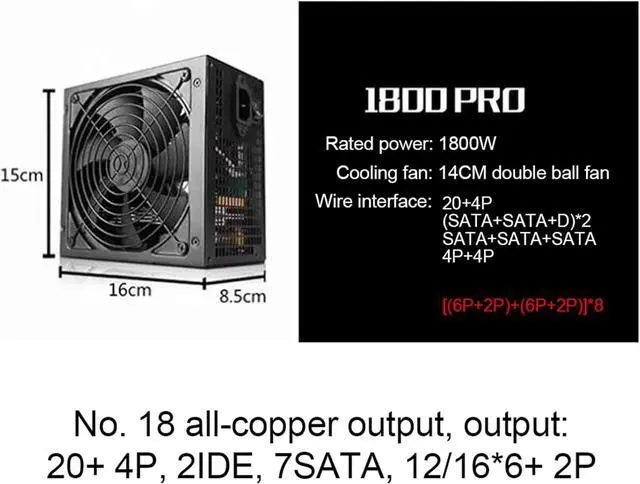 Alt view image 6 of 6 - 1800W to 2000W 110V-220V ATX ETH Bitcoin Mining Power Supply 95% Efficiency Support 8 Display Cards GPU for BTC Bitcoin Miner(1800-2000W B US)
