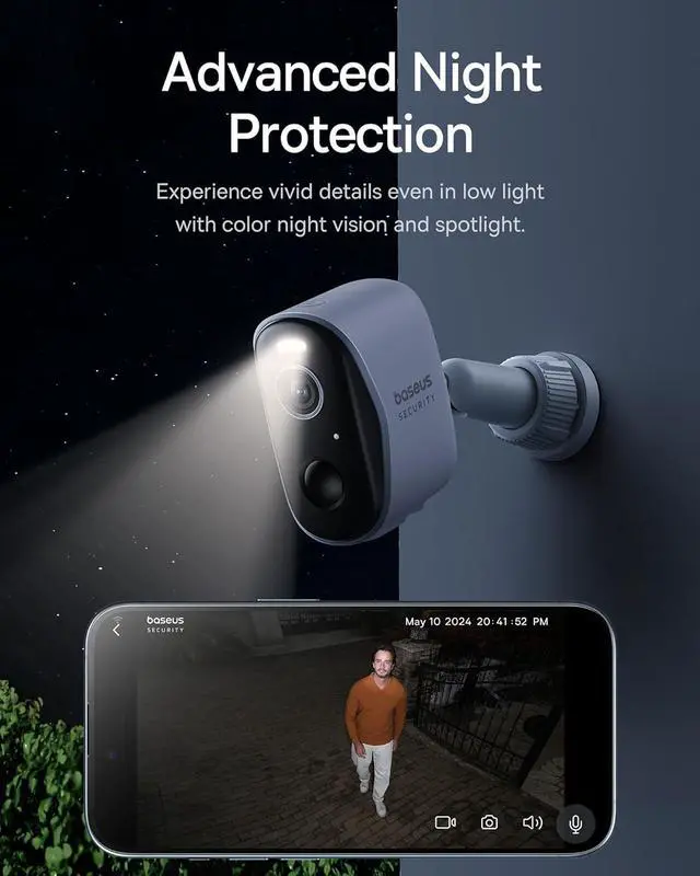 Alt view image 6 of 7 - Baseus Non Subscription Security Camera, N1 2-Cam Kit with 2K Clarity, No Monthly Fee, 16TB Expandable Local Storage, 210-Day Battery Life, Spotlight & Alarm, Works with Alexa/Google Home, Light Grey