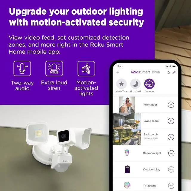 Alt view image 2 of 6 - Roku Floodlight Camera for Home Security, Wired Outdoor Security Camera with 270° 1080p HD Night Vision, Dimmable Floodlights, Motion & Sound Detection, Remote Monitoring, 90-Day Subscription Included