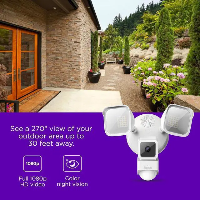 Alt view image 4 of 6 - Roku Floodlight Camera for Home Security, Wired Outdoor Security Camera with 270° 1080p HD Night Vision, Dimmable Floodlights, Motion & Sound Detection, Remote Monitoring, 90-Day Subscription Included