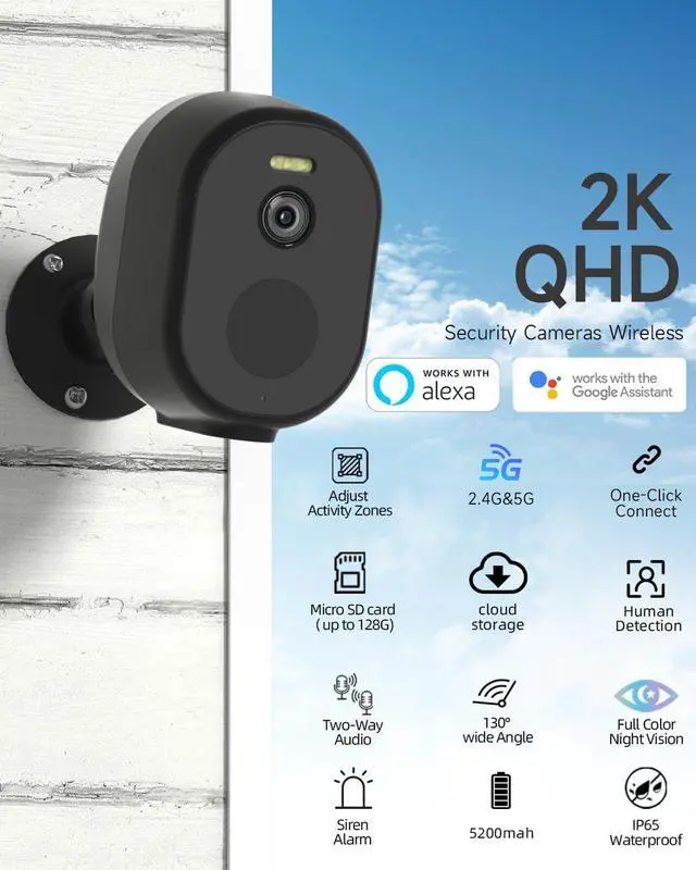 Alt view image 2 of 7 - 2PC Security Camera Wireless Outdoor, 5G/2.4G WiFi Cameras for Home Security, 2K Battery Powered Cameras with AI Detection,Color Night Vision, IP66, 2 Way Audio, Works Alexa&Google Assistant, Cloud/SD