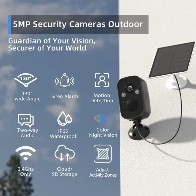 Alt view image 2 of 7 - Rraycom 5MP Security Cameras Wireless Outdoor with Solar Panel, 2PC Outdoor Camera Wireless with 130° FOV, Full-Color Night Vision, Spotlight Siren Alarm, 2-Way Audio, Cloud/SD, w/Alexa