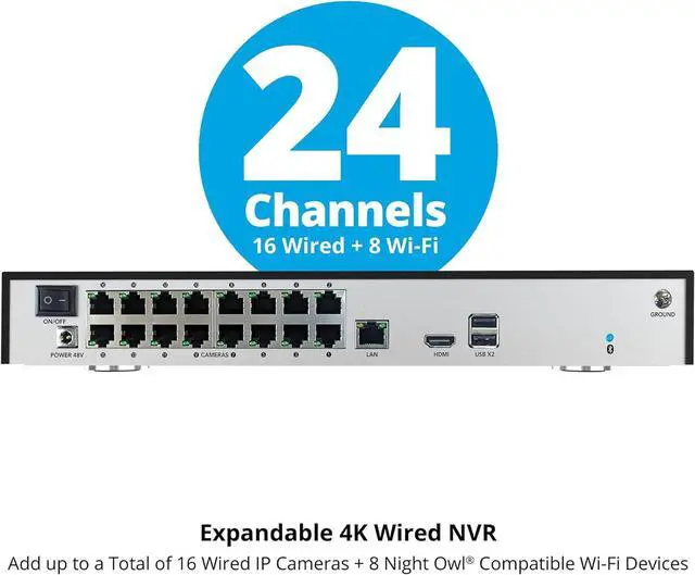 Alt view image 6 of 7 - Night Owl Power Over Ethernet 24 Channel NVR Video Home Security Camera System with 4TB Hard Drive (Add up to 16 Wired IP and 8 Wi-Fi Cameras)