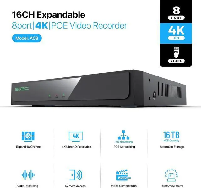Alt view image 3 of 7 - SV3C Poe Security Camera NVR System, 4K 16 Channel Network Video Recorder with 8 POE Port, 4K Poe Dome Camera, Vehicle Human Motion Detection, Color Night Vision, Remote Access, 24/7 Record, ONVIF