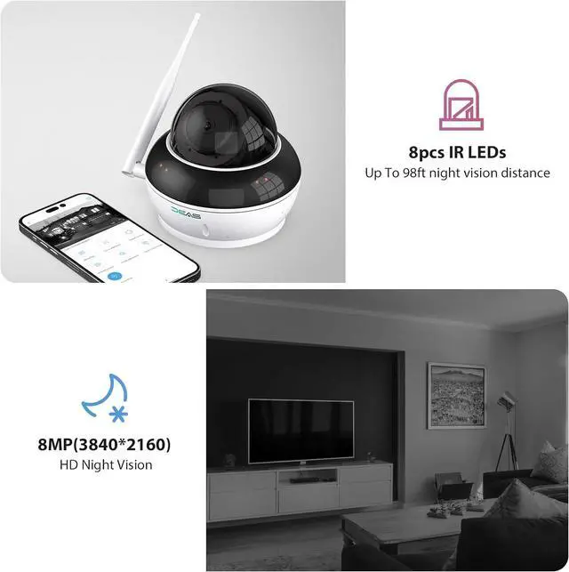 Alt view image 4 of 7 - SV3C 4K PTZ WiFi Wireless Dome Camera Outdoor, Security IP Camera Indoor 8MP with Auto Tracking, Infrared HD Night Vision, SD Card Record, Motion Detection, RTSP, FTP, Onvif Conformant, 2.4/5 GHz WiFi