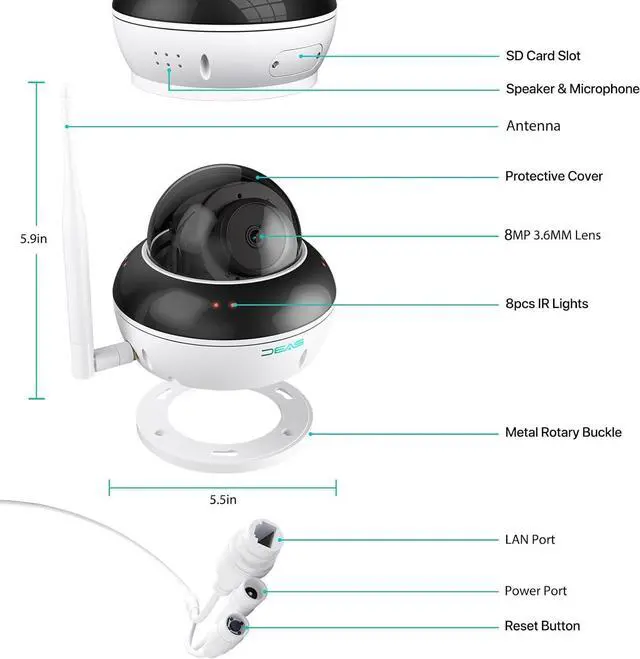 Alt view image 7 of 7 - SV3C 4K PTZ WiFi Wireless Dome Camera Outdoor, Security IP Camera Indoor 8MP with Auto Tracking, Infrared HD Night Vision, SD Card Record, Motion Detection, RTSP, FTP, Onvif Conformant, 2.4/5 GHz WiFi