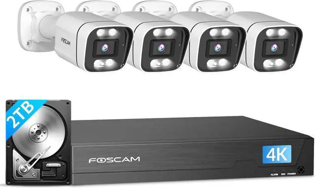 Main image of FOSCAM 4K 8MP NVR PoE Security Camera System 8 Channel NVR 4pcs Wired Outdoors IP PoE 8MP Security Cameras, 2TB HDD, Color Night Vision, 2-Way Audio, AI Human Vehicle Detection, IP66 Waterproof