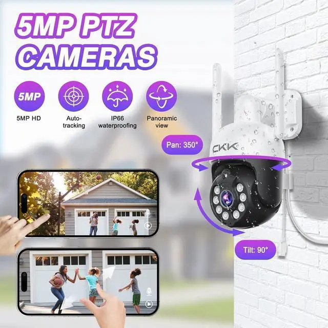 Alt view image 2 of 7 - 5MP PTZ Security System:CKK 4 PCS Wireless Cameras with 1TB HDD,10-Channel NVR,5G/2.4G WiFi, 2-Way Audio,4K Color Night Vision, Floodlights, Siren, AI Human Detection, Auto Tracking, 24/7 Surveillance