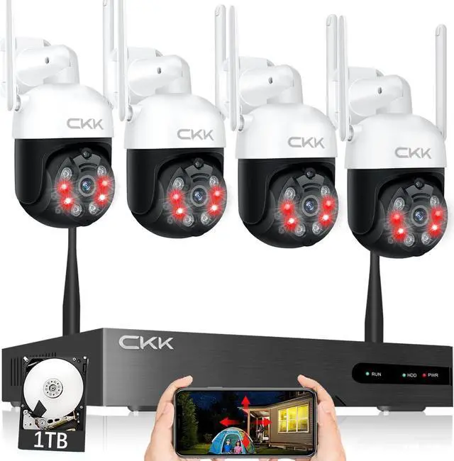 Main image of Pan Tilt Zoom Wireless Security Camera System,4pcs 3MP PTZ Cameras Outdoor Indoor, 8 Channel 3MP WiFi Surveillance NVR System with 1TB Hard Drive,Floodlights & Siren Alarm,AI Human Detection