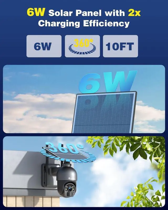 Alt view image 3 of 7 - Ctronics 5MP Solar Security Camera Outdoor Wireless, 6W Solar Panel, Sound-Light Alarm, PC/Phone Remote Control, Color Night Vision, PIR Human Detection, 128 TF/Cloud/FTP Storage