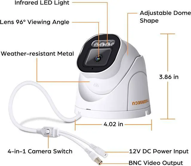 Alt view image 6 of 6 - TIGERSECU 5MP Wide Angle Dome Security Camera for DVR, Weatheproof for Indoor/Outdoor Use, Hybrid 4-in-1 with OSD Switch, for TVI, CVI, AHD, CVBS DVRs (Power Supply and Coaxial Cable Sold Separately)