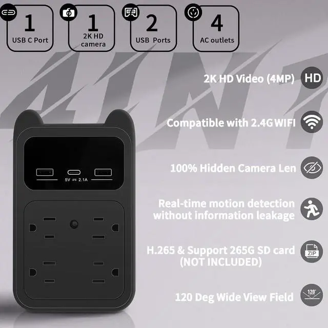 Alt view image 2 of 7 - Security Camera -Wall Outlet Camera-WiFi Camera Charger-4MP HD Indoor CameraInclude 128G SD Card