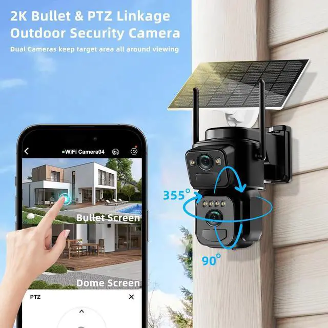 Alt view image 2 of 7 - 4K 8MP Solar Security Cameras Wireless Outdoor Battery Powered, 5GHz & 2.4GHz Dual Lens Bullet & 360° PTZ Outdoor Security Camera with Solar Panel, Digital Zoom, Night Vision,PIR Sensor(2Pack)