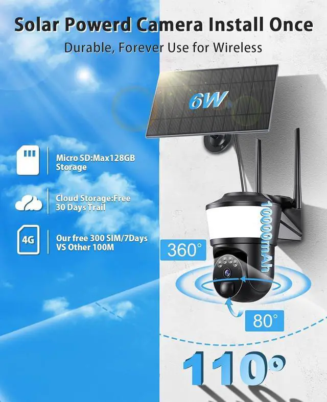 Alt view image 2 of 6 - 4G LTE Cellular Security Camera Outdoor System, No WiFi 4MP Solar Powered Security Camera Outside, 2K Color Night Vision for Surveillance Home, PIR Motion Detect, 2-Way Talk with SIM Card