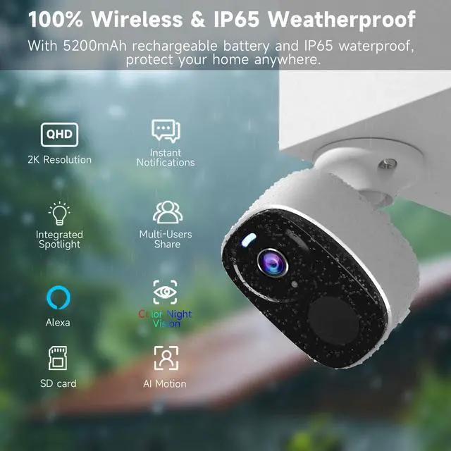 Alt view image 2 of 7 - 2PC Security Camera Wireless Outdoor, 2K Surveillance Indoor Home Camera, Battery Powered WiFi Camera for Home Security with Color Night Vision, AI Detection, 2-Way Audio, IP65, SD/Cloud, Works Alexa