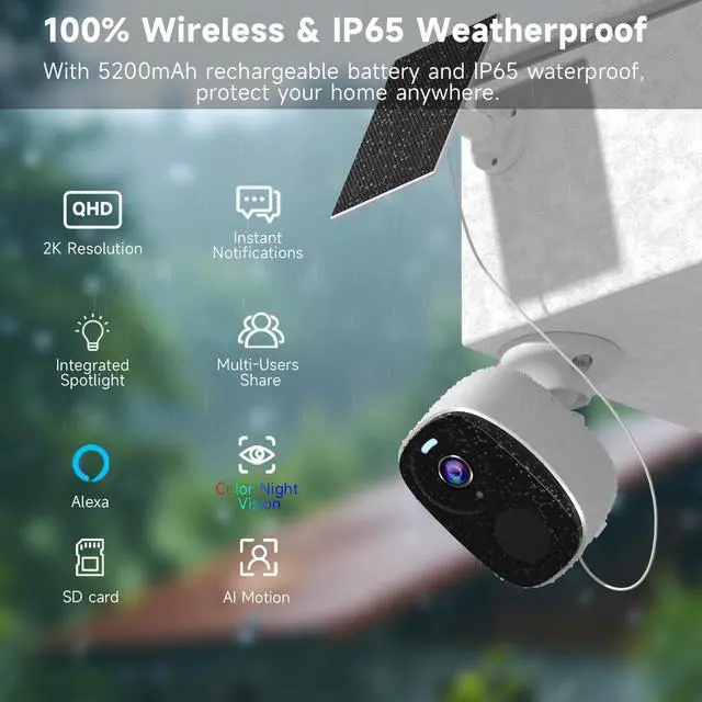 Alt view image 2 of 7 - 3pc Security Camera Wireless Outdoor,2K Solar Camera for Home Security, Battery Powered Surveillance Indoor Home Camera with Color Night Vision, AI Detection, 2-Way Audio, IP65, SD/Cloud, Works Alexa