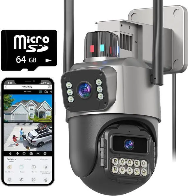 Main image of Security Camera Outdoor, 6MP Dual Lens WiFi Outside Cameras for Home Security with 64G SD Card, Wired Cord, IP66 Waterproof, AI Tracking, Light Alarm, Color Night, 24/7 Record,SD/Cloud