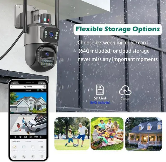 Alt view image 6 of 7 - Security Camera Outdoor, 6MP Dual Lens WiFi Outside Cameras for Home Security with 64G SD Card, Wired Cord, IP66 Waterproof, AI Tracking, Light Alarm, Color Night, 24/7 Record,SD/Cloud