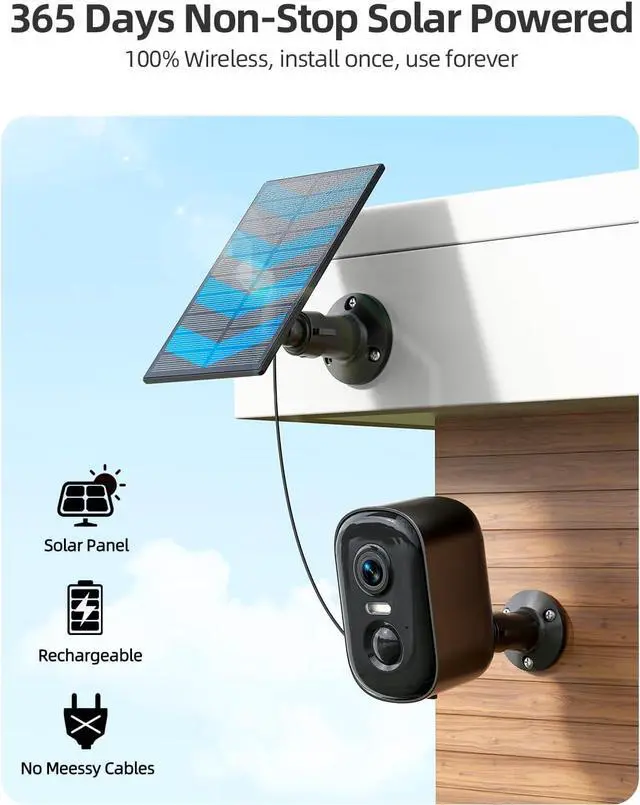 Alt view image 2 of 7 - Rocktone Solar Camera Outdoor Wireless, Battery Powered WiFi Cameras for Home Security with AI Motion Detection, 2K Color Night Vision, 2-Way Talk, Siren Alarm, IP66, Cloud/SD Storage, 2 Pack