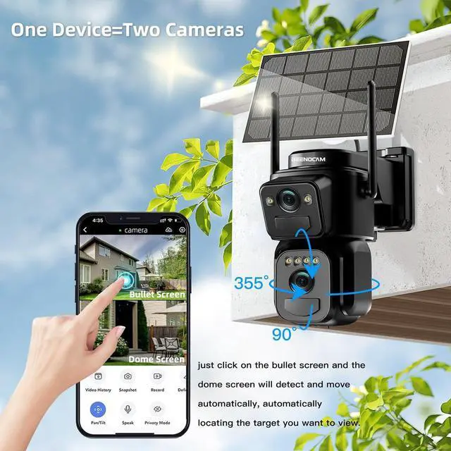 Alt view image 2 of 7 - BEENOCAM 4K Solar Security Cameras Wireless Outdoor, Dual Lens 360°PTZ Solar Cameras for Home Security with Color Night Vision,PIR Human Detection, Auto Tracking,Spotlight/Siren Alarm, 2.4/5Ghz WiFi