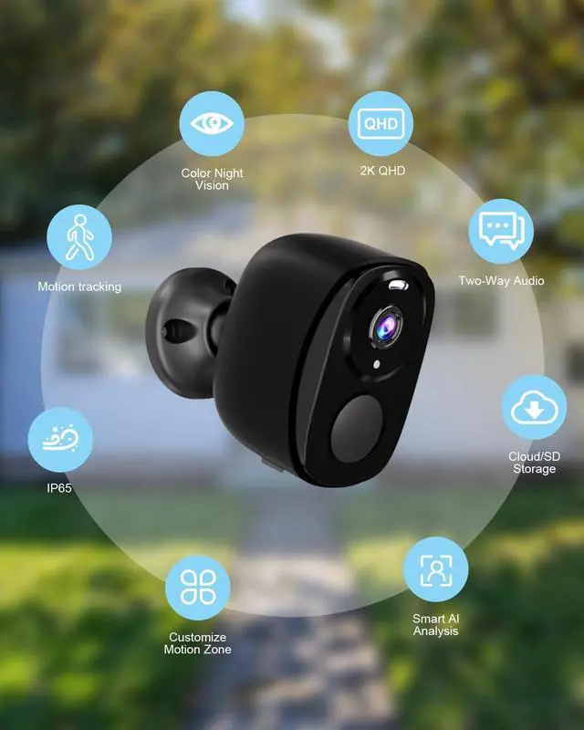 Alt view image 2 of 7 - Security Cameras Wireless Outdoor, Battery Powered Security Cameras with IP65 Waterproof, Two-Way Audio, Color Night Vision, No Subscription WiFi Security Camera Suitable for Alexa