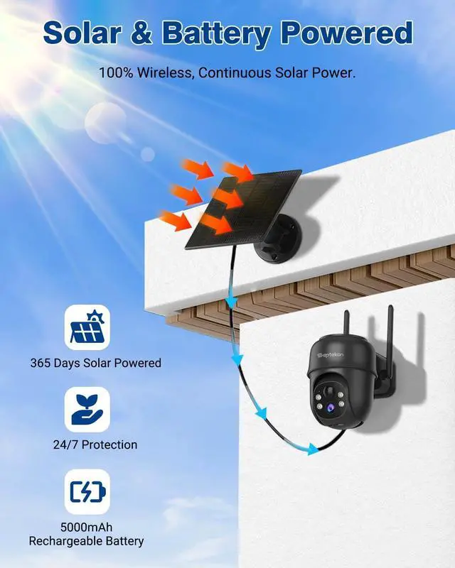 Alt view image 3 of 7 - Septekon 2K Solar Security Cameras Wireless Outdoor 2 Pack, 360°PTZ Battery Powered Outdoor Camera, 2.4G WiFi Camera with Spotlight Color Night Vision, Motion Sensor Alarm, IP66, Black