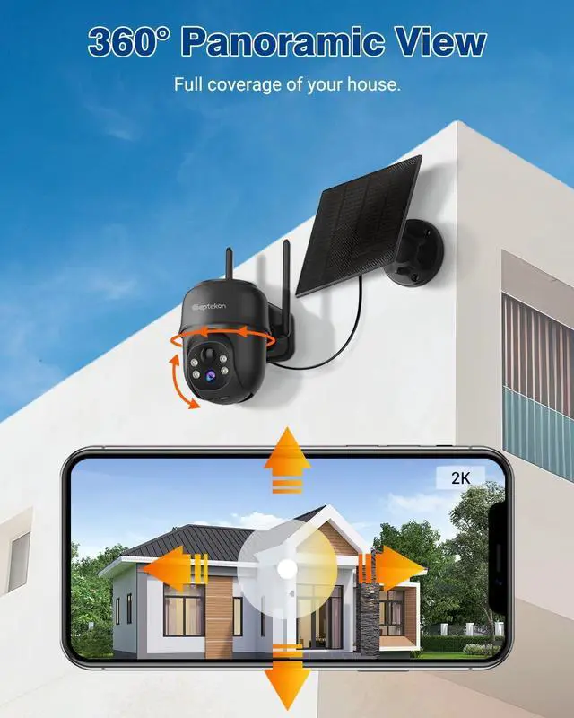 Alt view image 2 of 7 - Septekon 2K Solar Security Cameras Wireless Outdoor 2 Pack, 360°PTZ Battery Powered Outdoor Camera, 2.4G WiFi Camera with Spotlight Color Night Vision, Motion Sensor Alarm, IP66, Black