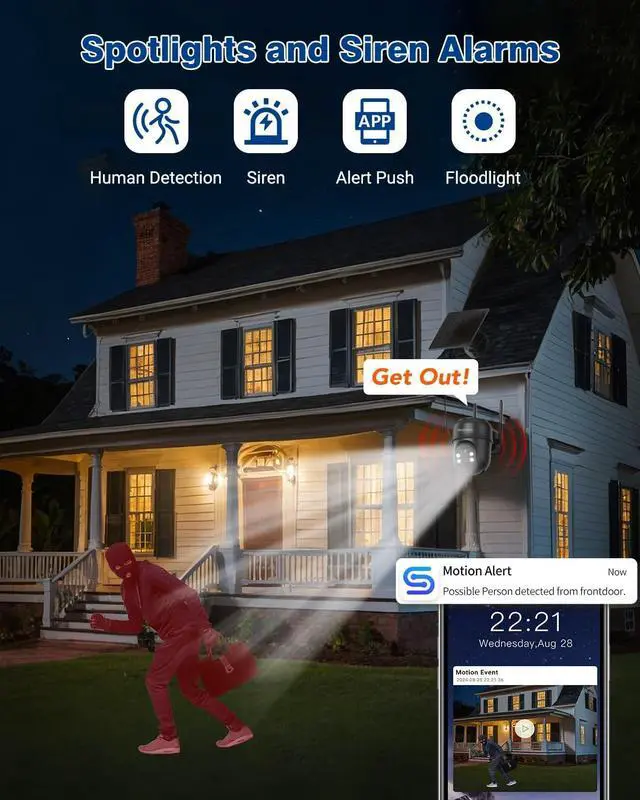 Alt view image 5 of 7 - Septekon 2K Solar Security Cameras Wireless Outdoor 2 Pack, 360°PTZ Battery Powered Outdoor Camera, 2.4G WiFi Camera with Spotlight Color Night Vision, Motion Sensor Alarm, IP66, Black