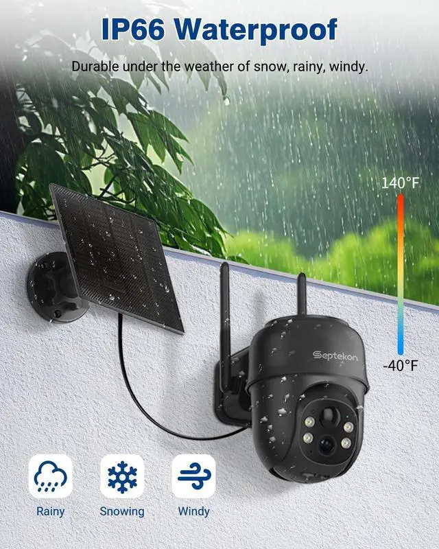 Alt view image 6 of 7 - Septekon 2K Solar Security Cameras Wireless Outdoor 2 Pack, 360°PTZ Battery Powered Outdoor Camera, 2.4G WiFi Camera with Spotlight Color Night Vision, Motion Sensor Alarm, IP66, Black
