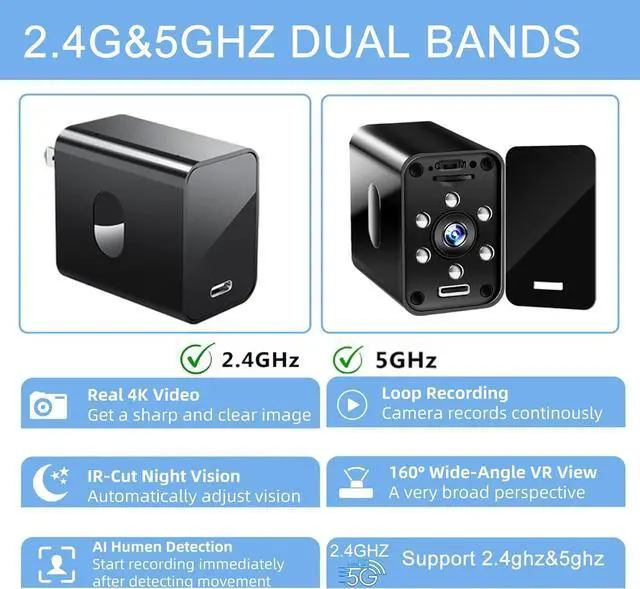 Alt view image 4 of 7 - 4K Hidden Camera-2.4G/5G WiFi Nanny Cam Charger with 160° Wide Angle, Night Vision, Motion Detection -Secret Camera -Protable Body Camera Charger for Home Security