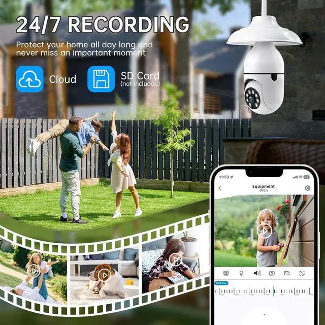Alt view image 4 of 7 - Light Bulb Security Cameras Wireless Outdoor - 5G&2.4G wifi bulb Cameras for Home Security Outside Indoor, Full-Color Night Vision, Siren Alarm, 24/7 Recording Bulb Camera Work with Alexa (Snow white)