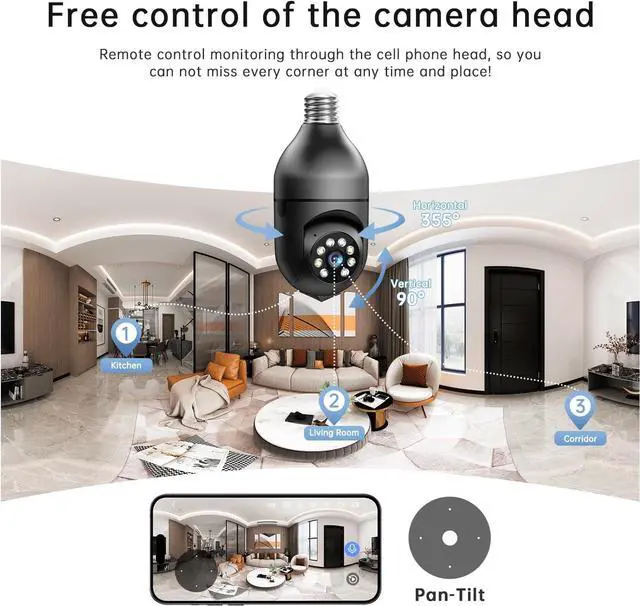 Alt view image 3 of 7 - Light Bulb Security Cameras Wireless Outdoor - 5G&2.4G WiFi Bulb Cameras for Home Security Outside Indoor, Full-Color Night Vision, Siren Alarm, 24/7 Recording Bulb Camera Work with Alexa (Black)