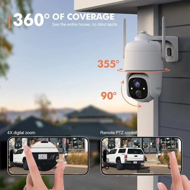 Alt view image 3 of 7 - Dzees 360° PTZ Security Cameras Wireless Outdoor WiFi, 2K Battery Powered Home Security Camera Indoor, Spotlight & Siren, Color Night Vision, 2-Way Talk, AI Motion Detection, IP66 2-Pack