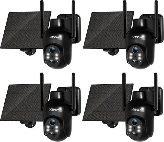 Main image of Xega 4 Pack Security Camera Wireless Outdoor, 2K PTZ Camera WiFi Surveillance Rechargeable Battery with Solar Panel, Color Night Vision, 2-Way Audio, PIR Motion Detection, Spotlight & Siren, IP66