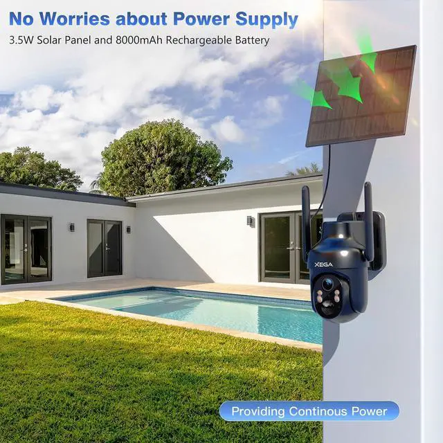 Alt view image 2 of 7 - Xega 4 Pack Security Camera Wireless Outdoor, 2K PTZ Camera WiFi Surveillance Rechargeable Battery with Solar Panel, Color Night Vision, 2-Way Audio, PIR Motion Detection, Spotlight & Siren, IP66