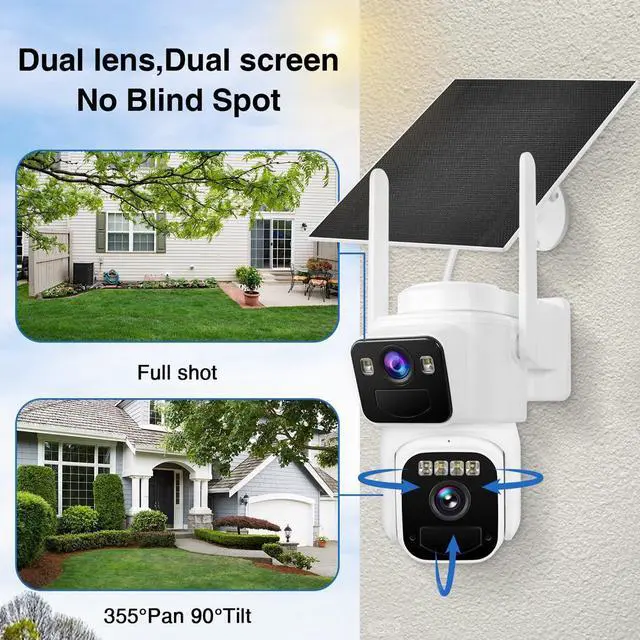 Alt view image 2 of 7 - Dual Lens Dual Screen 2K Solar Security Camera Wireless Outdoor 360° View Battery Powered Camera with Spotlight Color Night Vision, PIR Sensor WiFi Home Security System