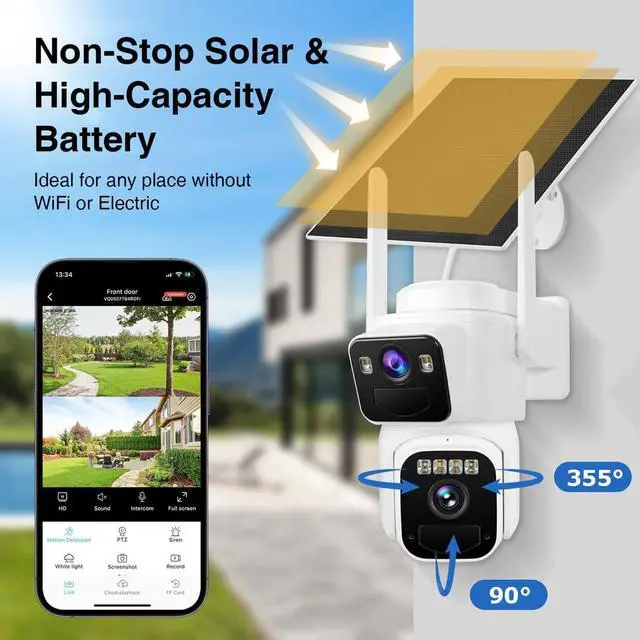 Alt view image 5 of 7 - Dual Lens Dual Screen 2K Solar Security Camera Wireless Outdoor 360° View Battery Powered Camera with Spotlight Color Night Vision, PIR Sensor WiFi Home Security System